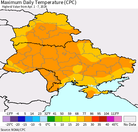 Ukraine, Moldova and Belarus Maximum Daily Temperature (CPC) Thematic Map For 4/1/2024 - 4/7/2024