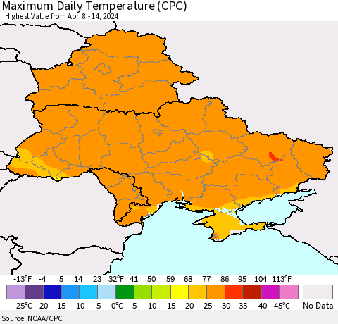 Ukraine, Moldova and Belarus Maximum Daily Temperature (CPC) Thematic Map For 4/8/2024 - 4/14/2024