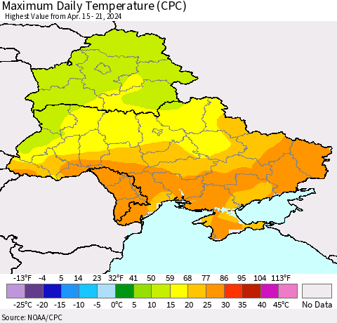 Ukraine, Moldova and Belarus Maximum Daily Temperature (CPC) Thematic Map For 4/15/2024 - 4/21/2024