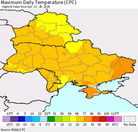 Ukraine, Moldova and Belarus Maximum Daily Temperature (CPC) Thematic Map For 4/22/2024 - 4/28/2024