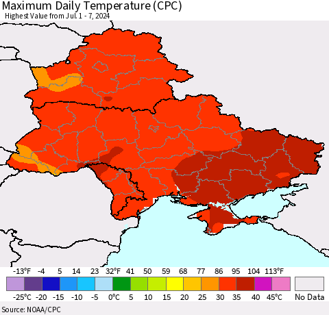 Ukraine, Moldova and Belarus Maximum Daily Temperature (CPC) Thematic Map For 7/1/2024 - 7/7/2024