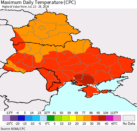 Ukraine, Moldova and Belarus Maximum Daily Temperature (CPC) Thematic Map For 7/22/2024 - 7/28/2024