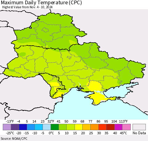 Ukraine, Moldova and Belarus Maximum Daily Temperature (CPC) Thematic Map For 11/4/2024 - 11/10/2024
