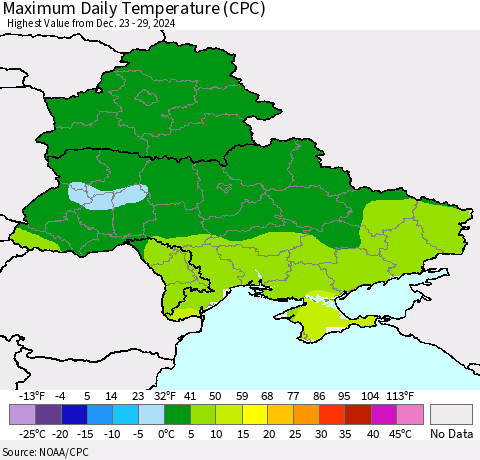 Ukraine, Moldova and Belarus Maximum Daily Temperature (CPC) Thematic Map For 12/23/2024 - 12/29/2024