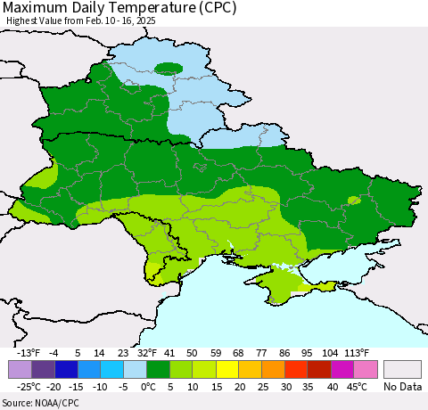 Ukraine, Moldova and Belarus Maximum Daily Temperature (CPC) Thematic Map For 2/10/2025 - 2/16/2025