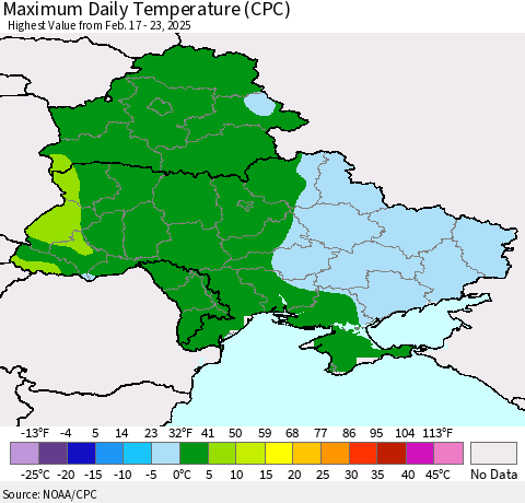 Ukraine, Moldova and Belarus Maximum Daily Temperature (CPC) Thematic Map For 2/17/2025 - 2/23/2025