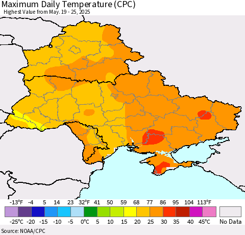 Ukraine, Moldova and Belarus Maximum Daily Temperature (CPC) Thematic Map For 5/19/2025 - 5/25/2025