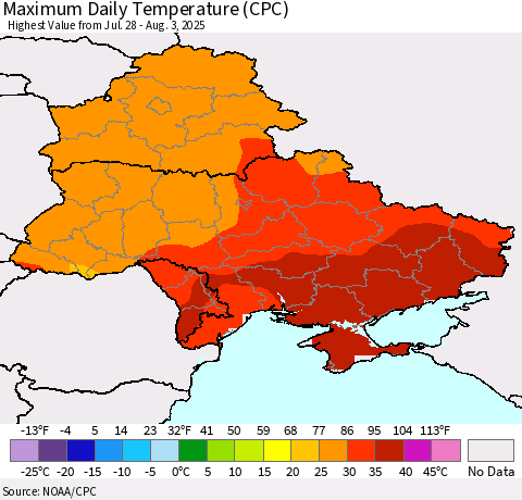 Ukraine, Moldova and Belarus Maximum Daily Temperature (CPC) Thematic Map For 7/28/2025 - 8/3/2025