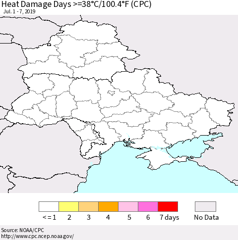 Ukraine, Moldova and Belarus Heat Damage Days >=38°C/100.4°F (CPC) Thematic Map For 7/1/2019 - 7/7/2019