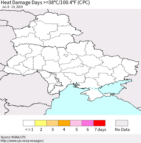 Ukraine, Moldova and Belarus Heat Damage Days >=38°C/100.4°F (CPC) Thematic Map For 7/8/2019 - 7/14/2019