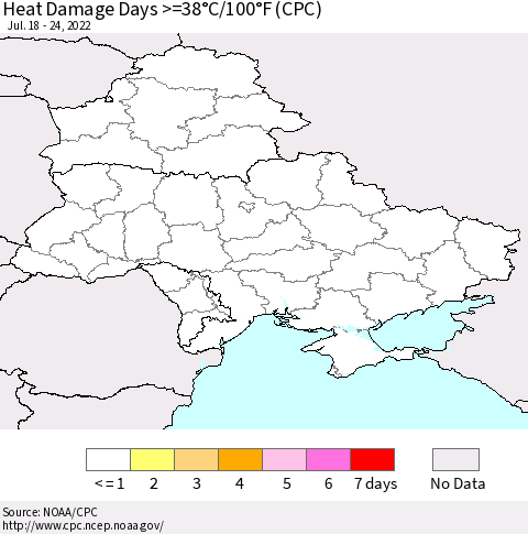 Ukraine, Moldova and Belarus Heat Damage Days >=38°C/100°F (CPC) Thematic Map For 7/18/2022 - 7/24/2022