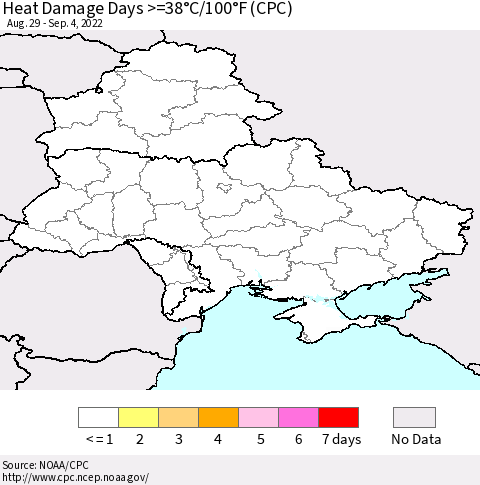 Ukraine, Moldova and Belarus Heat Damage Days >=38°C/100°F (CPC) Thematic Map For 8/29/2022 - 9/4/2022
