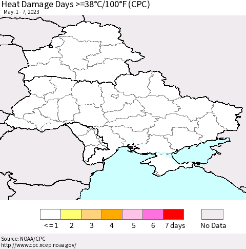 Ukraine, Moldova and Belarus Heat Damage Days >=38°C/100°F (CPC) Thematic Map For 5/1/2023 - 5/7/2023