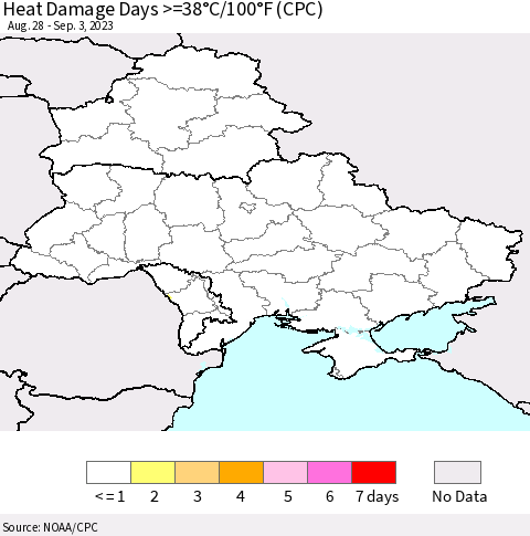 Ukraine, Moldova and Belarus Heat Damage Days >=38°C/100°F (CPC) Thematic Map For 8/28/2023 - 9/3/2023