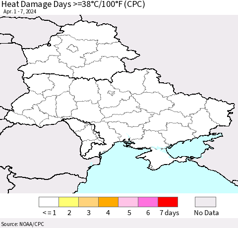Ukraine, Moldova and Belarus Heat Damage Days >=38°C/100°F (CPC) Thematic Map For 4/1/2024 - 4/7/2024