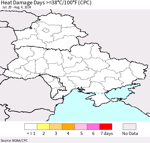 Ukraine, Moldova and Belarus Heat Damage Days >=38°C/100°F (CPC) Thematic Map For 7/29/2024 - 8/4/2024
