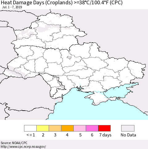 Ukraine, Moldova and Belarus Heat Damage Days (Croplands) >=38°C/100.4°F (CPC) Thematic Map For 7/1/2019 - 7/7/2019