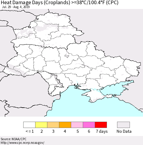 Ukraine, Moldova and Belarus Heat Damage Days (Croplands) >=38°C/100.4°F (CPC) Thematic Map For 7/29/2019 - 8/4/2019