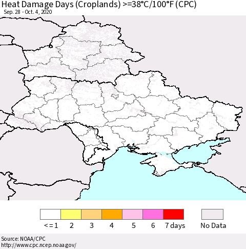 Ukraine, Moldova and Belarus Heat Damage Days (Croplands) >=38°C/100.4°F (CPC) Thematic Map For 9/28/2020 - 10/4/2020