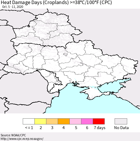 Ukraine, Moldova and Belarus Heat Damage Days (Croplands) >=38°C/100°F (CPC) Thematic Map For 10/5/2020 - 10/11/2020