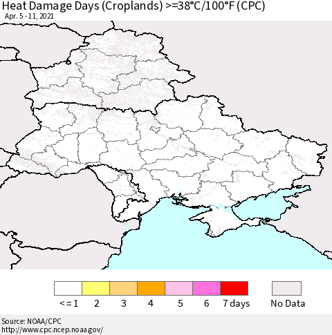 Ukraine, Moldova and Belarus Heat Damage Days (Croplands) >=38°C/100.4°F (CPC) Thematic Map For 4/5/2021 - 4/11/2021