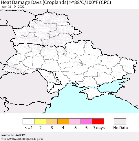 Ukraine, Moldova and Belarus Heat Damage Days (Croplands) >=38°C/100°F (CPC) Thematic Map For 4/18/2022 - 4/24/2022