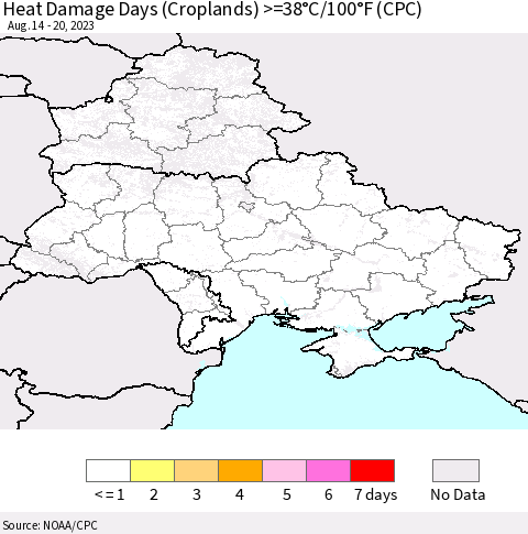 Ukraine, Moldova and Belarus Heat Damage Days (Croplands) >=38°C/100°F (CPC) Thematic Map For 8/14/2023 - 8/20/2023