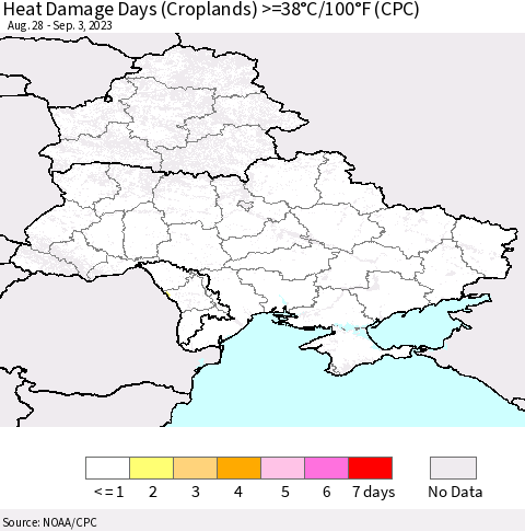 Ukraine, Moldova and Belarus Heat Damage Days (Croplands) >=38°C/100°F (CPC) Thematic Map For 8/28/2023 - 9/3/2023