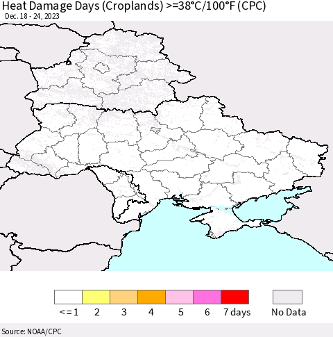 Ukraine, Moldova and Belarus Heat Damage Days (Croplands) >=38°C/100°F (CPC) Thematic Map For 12/18/2023 - 12/24/2023