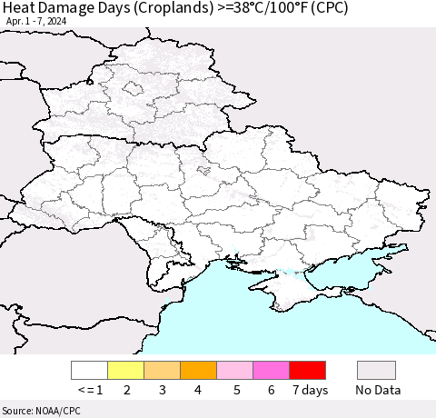 Ukraine, Moldova and Belarus Heat Damage Days (Croplands) >=38°C/100°F (CPC) Thematic Map For 4/1/2024 - 4/7/2024