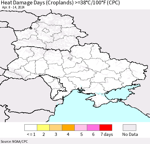 Ukraine, Moldova and Belarus Heat Damage Days (Croplands) >=38°C/100°F (CPC) Thematic Map For 4/8/2024 - 4/14/2024
