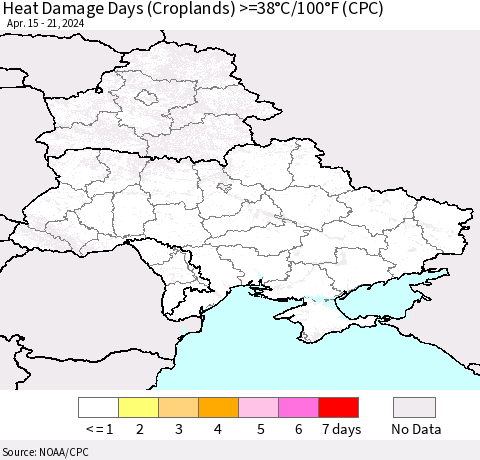 Ukraine, Moldova and Belarus Heat Damage Days (Croplands) >=38°C/100°F (CPC) Thematic Map For 4/15/2024 - 4/21/2024