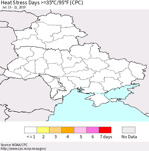 Ukraine, Moldova and Belarus Heat Stress Days >=35°C/95°F (CPC) Thematic Map For 7/15/2019 - 7/21/2019