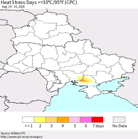 Ukraine, Moldova and Belarus Heat Stress Days >=35°C/95°F (CPC) Thematic Map For 8/19/2019 - 8/25/2019