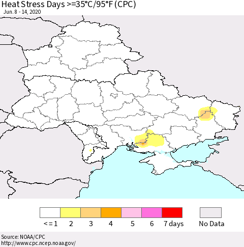 Ukraine, Moldova and Belarus Heat Stress Days >=35°C/95°F (CPC) Thematic Map For 6/8/2020 - 6/14/2020