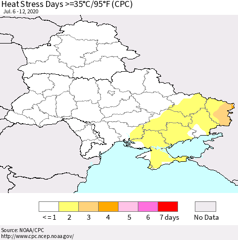 Ukraine, Moldova and Belarus Heat Stress Days >=35°C/95°F (CPC) Thematic Map For 7/6/2020 - 7/12/2020
