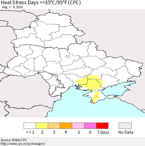 Ukraine, Moldova and Belarus Heat Stress Days >=35°C/95°F (CPC) Thematic Map For 8/3/2020 - 8/9/2020