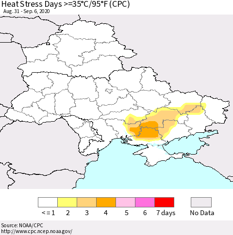 Ukraine, Moldova and Belarus Heat Stress Days >=35°C/95°F (CPC) Thematic Map For 8/31/2020 - 9/6/2020