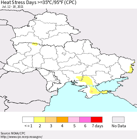 Ukraine, Moldova and Belarus Heat Stress Days >=35°C/95°F (CPC) Thematic Map For 7/12/2021 - 7/18/2021