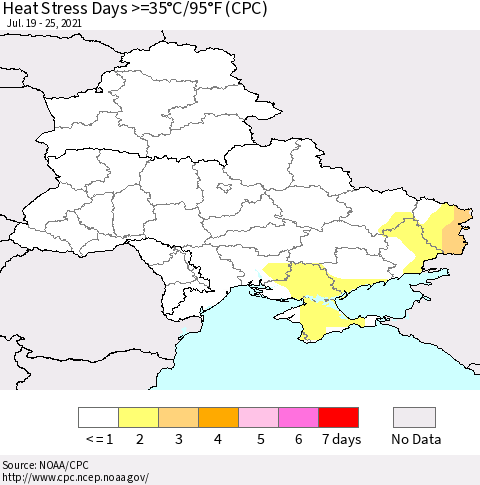 Ukraine, Moldova and Belarus Heat Stress Days >=35°C/95°F (CPC) Thematic Map For 7/19/2021 - 7/25/2021