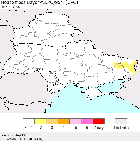 Ukraine, Moldova and Belarus Heat Stress Days >=35°C/95°F (CPC) Thematic Map For 8/2/2021 - 8/8/2021