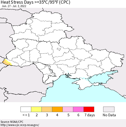 Ukraine, Moldova and Belarus Heat Stress Days >=35°C/95°F (CPC) Thematic Map For 6/27/2022 - 7/3/2022