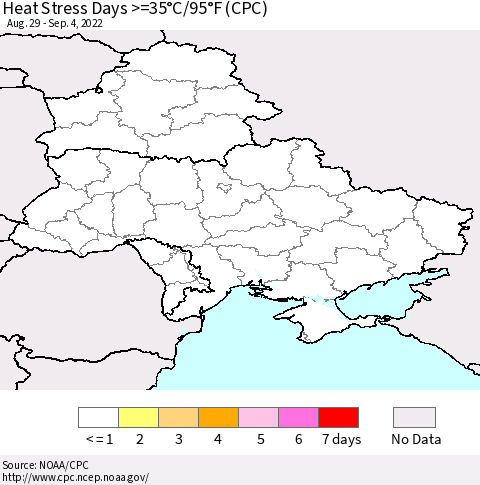 Ukraine, Moldova and Belarus Heat Stress Days >=35°C/95°F (CPC) Thematic Map For 8/29/2022 - 9/4/2022