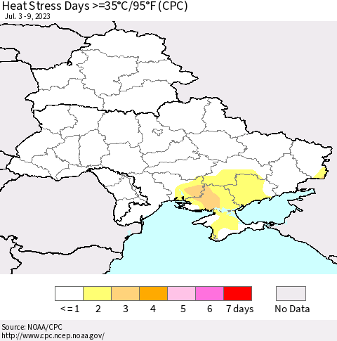 Ukraine, Moldova and Belarus Heat Stress Days >=35°C/95°F (CPC) Thematic Map For 7/3/2023 - 7/9/2023