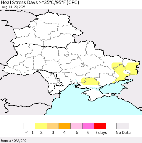 Ukraine, Moldova and Belarus Heat Stress Days >=35°C/95°F (CPC) Thematic Map For 8/14/2023 - 8/20/2023