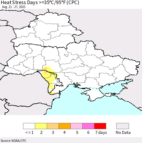 Ukraine, Moldova and Belarus Heat Stress Days >=35°C/95°F (CPC) Thematic Map For 8/21/2023 - 8/27/2023