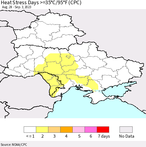 Ukraine, Moldova and Belarus Heat Stress Days >=35°C/95°F (CPC) Thematic Map For 8/28/2023 - 9/3/2023