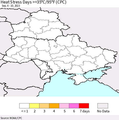 Ukraine, Moldova and Belarus Heat Stress Days >=35°C/95°F (CPC) Thematic Map For 9/4/2023 - 9/10/2023