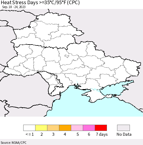 Ukraine, Moldova and Belarus Heat Stress Days >=35°C/95°F (CPC) Thematic Map For 9/18/2023 - 9/24/2023