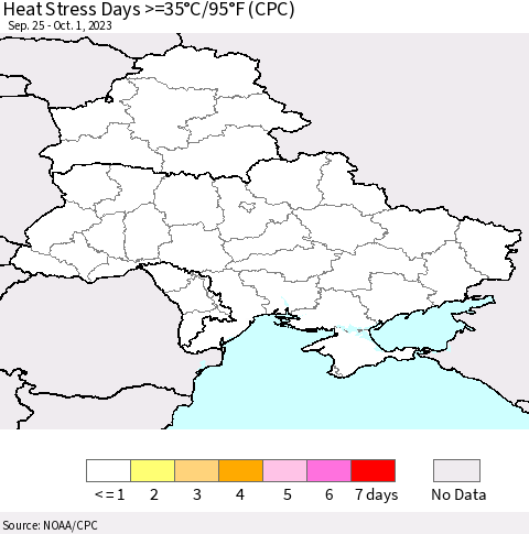 Ukraine, Moldova and Belarus Heat Stress Days >=35°C/95°F (CPC) Thematic Map For 9/25/2023 - 10/1/2023